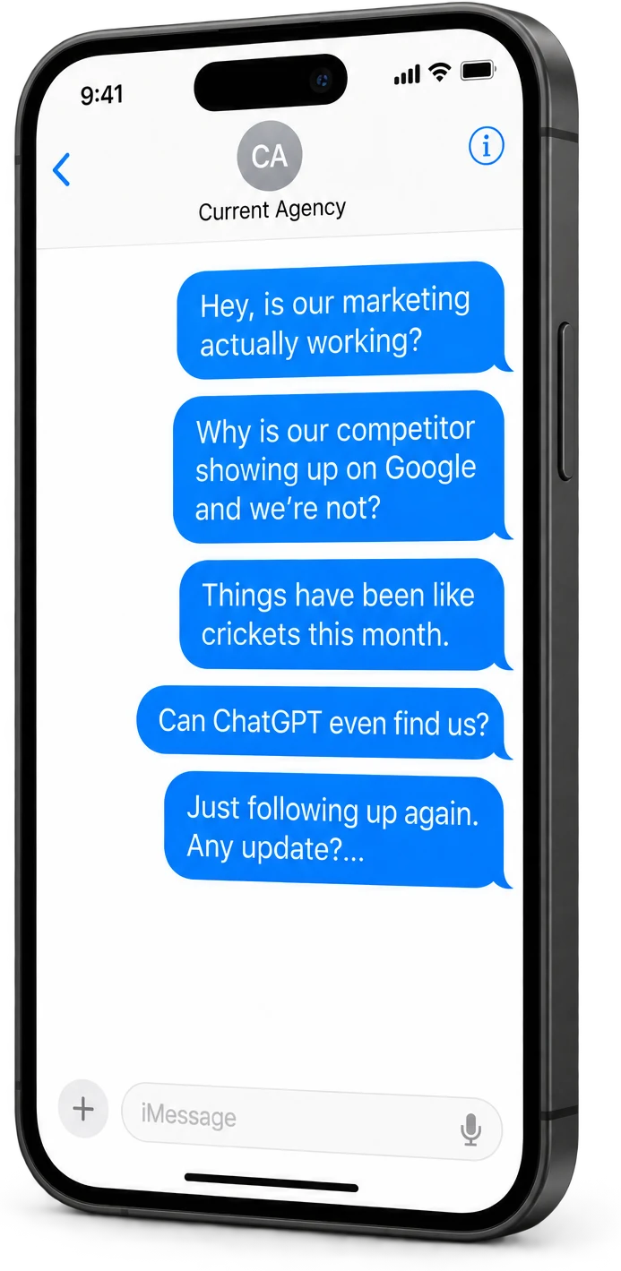 Angled smartphone showing unanswered messages to a marketing agency.